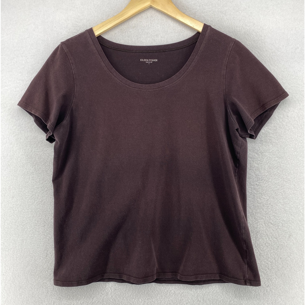 EILEEN FISHER Top L Stretch Organic Cotton Jersey Short Sleeve Brown USA
